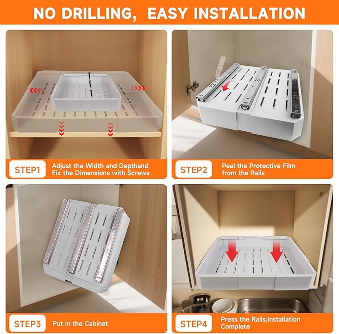 Pull out Cabinet Organizer,Adjustable Width (14"-19") and Depth (17"-24") Expandable,No Drill Slide out Drawers for Kitchen,Pantry,Adhesive Roll out Shelves,for Cabinets Without Lip