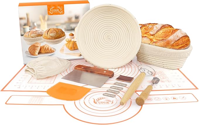 UDUK Banneton Bread Proofing Basket,Sourdough Proofing Basket Set of 2, 10 inch Round and 9.6 Oval with Bread Making Tools, Sourdough Bread Baking Supplies, Natural Rattan Proofing Bowls Baskets