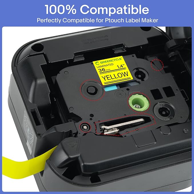 GREENCYCLE TZe-661 36mm 1.4 Laminated Yellow Tape Compatible for Brother P-Touch Label Maker Tape TZe661 TZ-661 Black on Yellow TZe TZ Label for Ptouch PT-910BT P900W P950W 530 550, 10 Pack