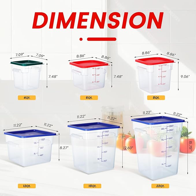 4 Pack Food Storage Containers, 6 Quart with Lids, Square Commercial Containers with Scale, Clear NSF Food Organizing, Polycarbonate