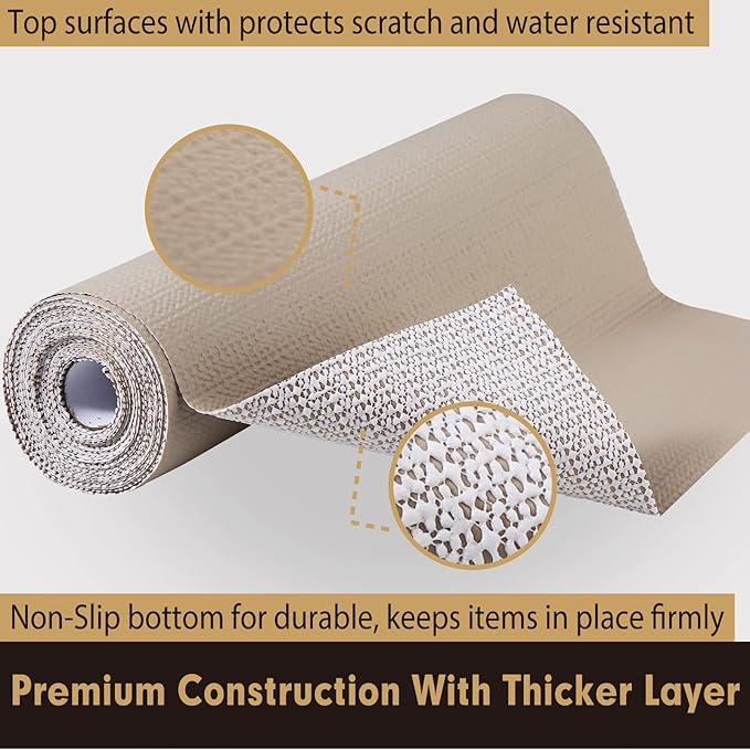 Premium Drawer and Shelf Liner for Cabinet, Non Adhesive Liner for Kitchen, Strong Grip Non Slip Shelf Liners for Kitchen Cabinets, Storage, Drawers, Shelves, Kitchenware and Tableware, Beige