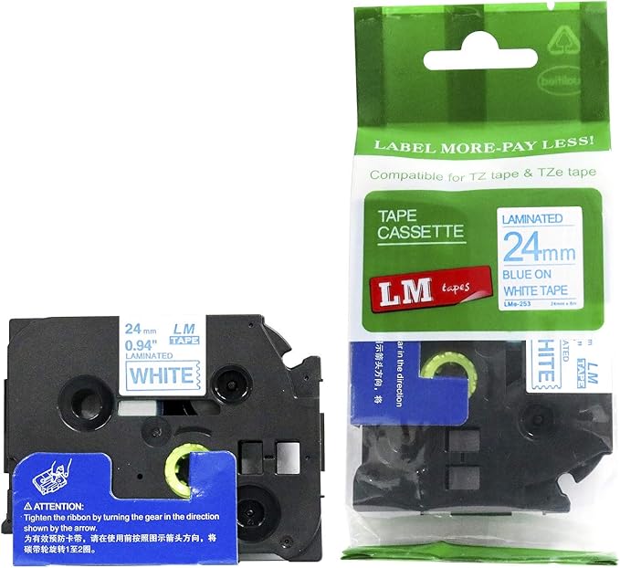 1/Pack LM Tapes - LMe253 Premium 1" Blue Print on White Label Compatible with Brother TZe-253 P-Touch and Includes Tape Color/Size Guide. Replaces TZ-253 24mm 0.94 Laminated Ptouch.