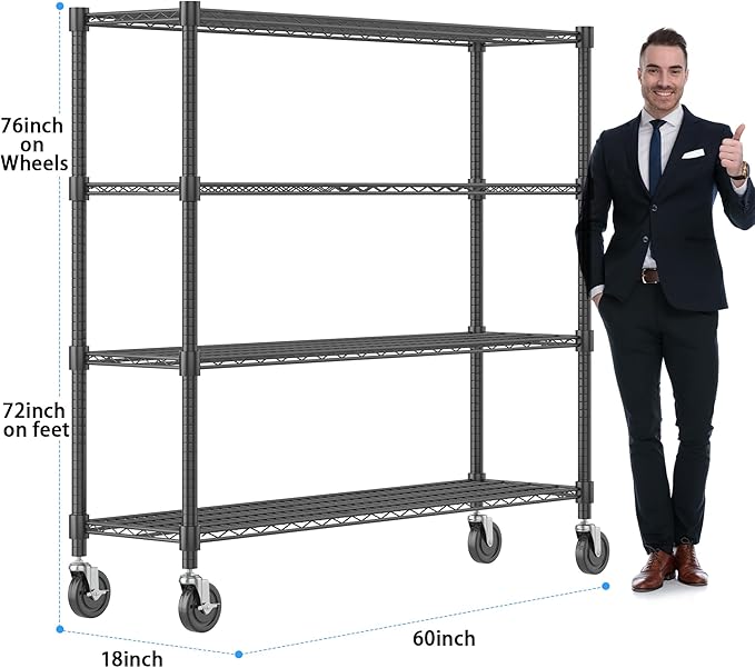 Homdox Heavy Duty Metal Shelves for Storage, 4 Tier Storage Racks and Shelving, Commercial Adjustable Wire Shelving Unit on Wheels, Garage Rack Pantry Shelves Kitchen Shelving, 18"x60"x72", Black
