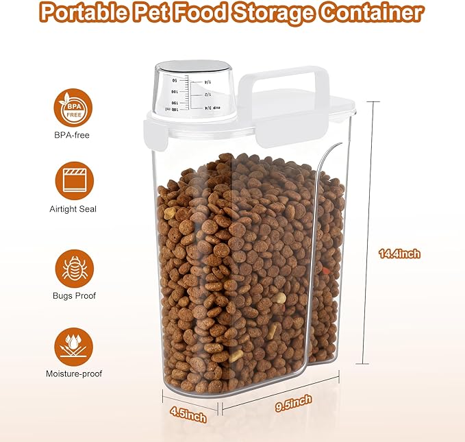 Dog Cat Food Storage Container, 5-7Lbs Pet Food Containers, Airtight Cat Food Container with Portable Handle & Measuring Cup, Small Animal Dry Food Dispenser for Dogs, Cats and Birds White