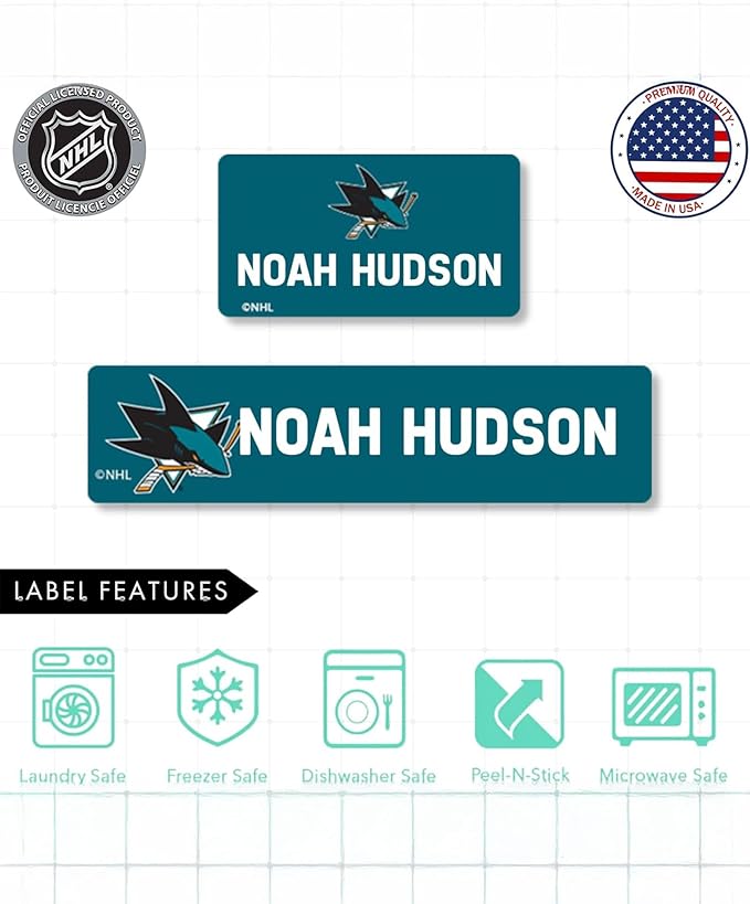 NHL Hockey Labels - Custom Peel and Stick, Waterproof Labels - Great for Organization, Sports, School, Day Camp Label - 155 Pack (San Jose Sharks)