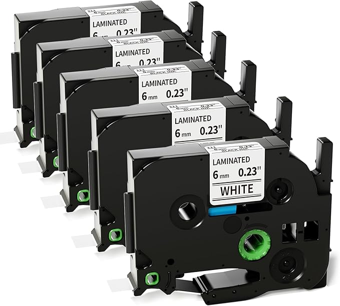 MarkDomain 6mm Label Tape Replacement TZe-211 Brother P-Touch Label Maker Tape 6mm 0.23" Laminated White Compatible with Brother Ptouch PTH110 PT-D200 PT-D210, 5-Pack