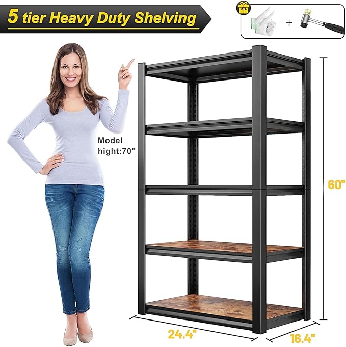 REIBII 2500LBS Storage Shelves, 5 Tier Adjustable Pantry Shelves, Metal Shelving Unit for Closet, Kitchen, Pantry, Laundry, 24.4''W X 16.4''D X 60''H, Black