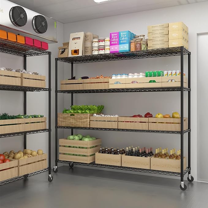 Karl home 4-Tier Metal Storage Shelves, Adjustable Wire Shelving Unit with Wheels & Leveling Feet, Heavy Duty Garage Shelving, Pantry & Kitchen Display Shelf Organizer, Home Storage Rack
