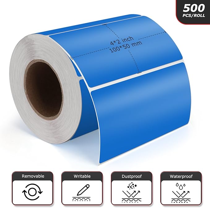 Blue Rectangle Stickers 4 x 2 Inch Color Coding Labels Vinyl Roll Self-Adhesive Waterproof Removable 500 PCS