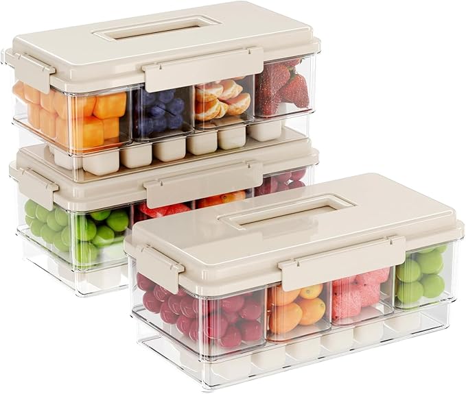 MineSign 3Pack Ice Chilled Condiment Caddy with 4 Removable Containers Taco Ingredient Server with Lid Cooled Garnish Caddy Tray for Taco Mimosa Bar Sauce Fruits&Veggies Beige