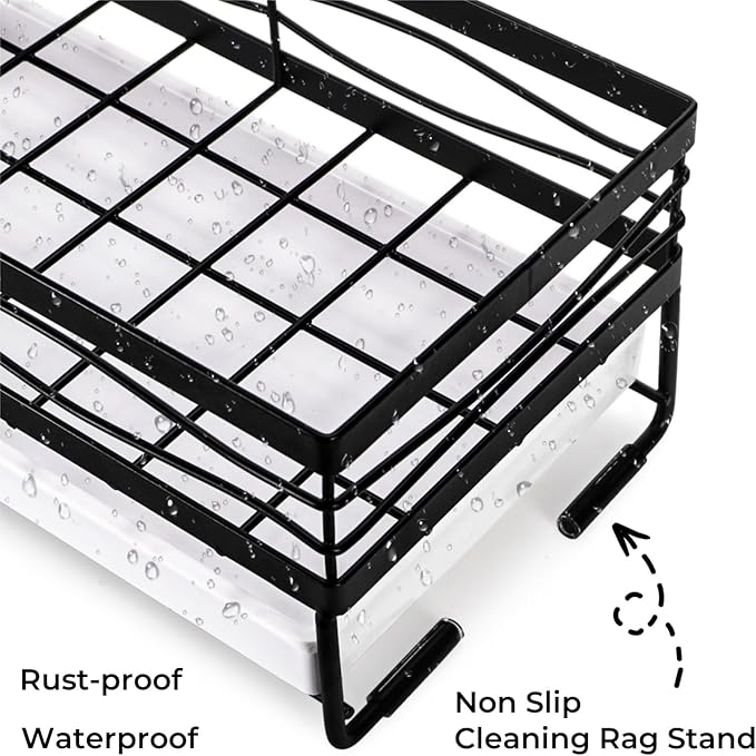 Kitchen Sink Caddy with 3 Dishcloth Drying Racks, Sponge Holder Rag Stand with Drain Pan, Metal Sink Storage Organizer with Removal Basket for Brush, Towel, Scrubber, Dish Rag, Black