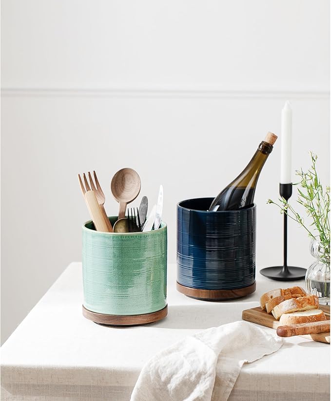 MIKIGEY Utensil Holder, 360° Rotating Extra Large Ceramic Kitchen Utensil Holder for Countertop, 7.3“ Cooking Utensil Crocks for Kitchen Counter with Rotatable Wooden Base, Farmhouse Decor, Dark Blue