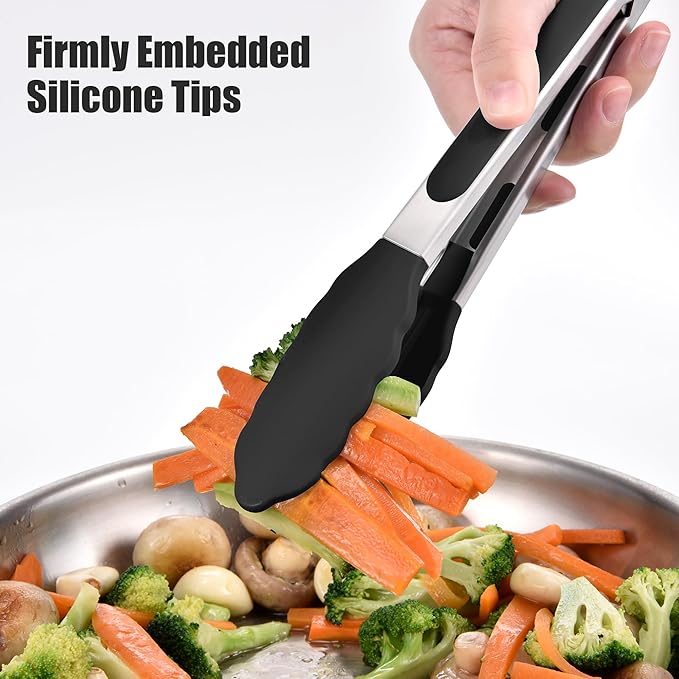 Doosu Kitchen Tongs for Cooking - 600°F Heat Resistant Food Tong Set with Non-Scratch Silicone Tips, Heavy Duty Stainless Steel Locking Tong for BBQ, Grilling Steak, Serving Salad (7+9+12in, Black)