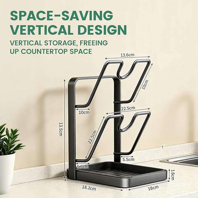 Kitchen Pot Lid Storage Rack, Double Layer Pot Lid Organizer Rack & Holder While Cooking, Metal Pot Lid Stand with Spoon Rest and Removable Drip Tray, Space-Saving Design (Gray, 2)