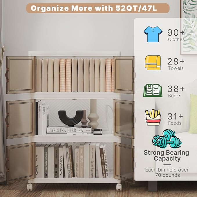 Extra Large Stackable Storage Bins with Lids & Wheels, 330QT-55QT/14GAL*6Pack Foldable Collapsible Closet Organizers Storage Cabinet with Doors for Bedroom Dorm