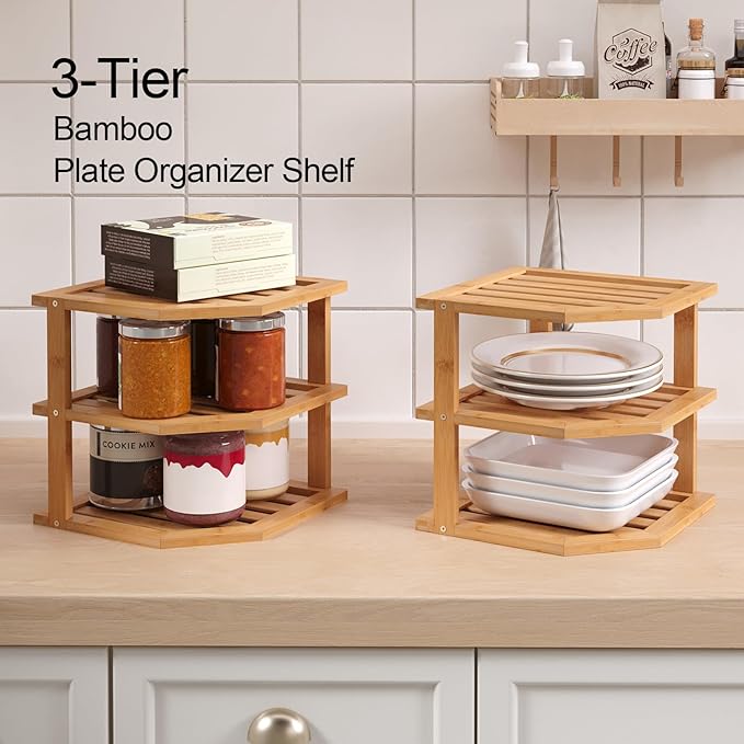 VERTORGAN 3 Tier Bamboo Corner Shelf(2 Pack),Dish Drying Rack,Plate Organizer,Kitchen Spice Rack for Countertop and Cabinet