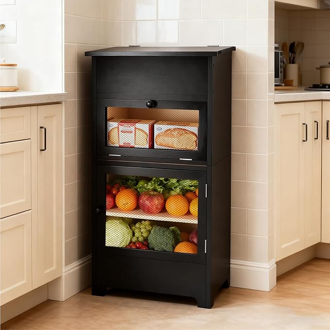 Large Potato and Onion Storage Bin - Wooden Stackable Bread Storage Box with Lid & Mesh Doors, Decorative Fruit and Vegetable Organization Cabinet for Kitchen, 15.75"W x 10.7"D x 33.5"H (Black)