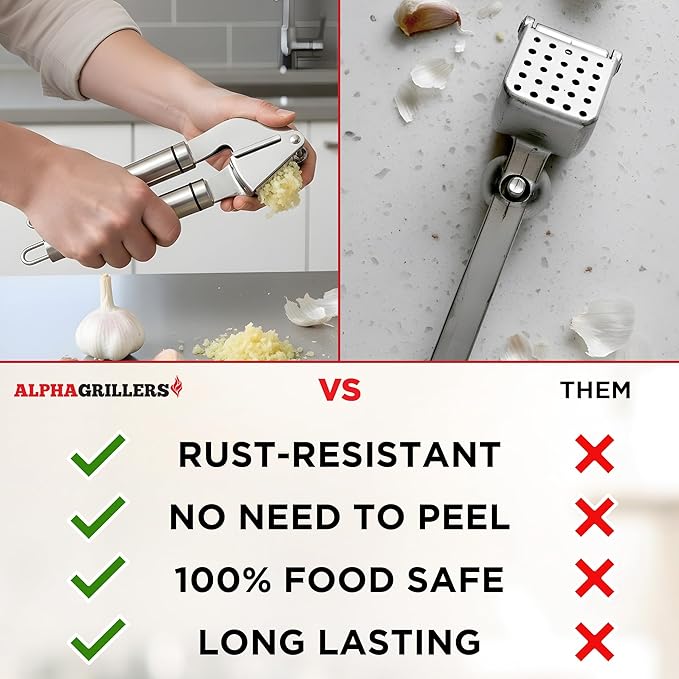 Alpha Grillers Garlic Press Stainless Steel - Easy to Clean, Rust-Proof, Dishwasher Safe - Stainless Steel Garlic Press, Mincer, Crusher with Silicone Peeler & Cleaning Brush
