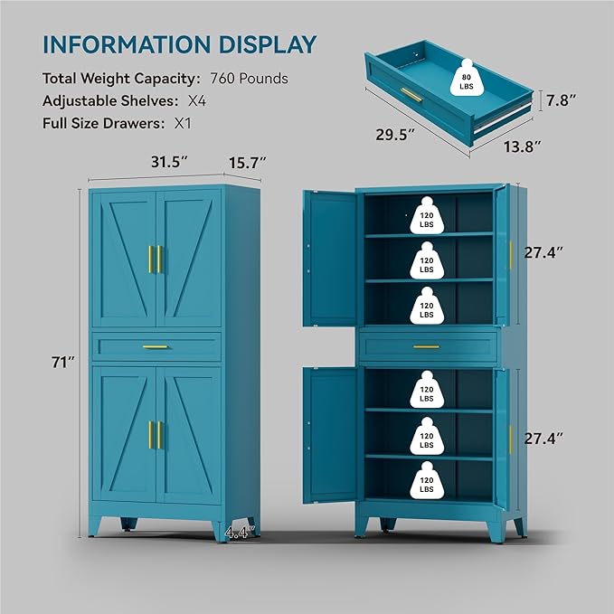 YNIQUESTLE 71" Tall Farmhouse Pantry Cabinet,Metal Cabinet with Adjustable Shelves and Doors,Storage Cabinet for Kitchen Garage,Blue