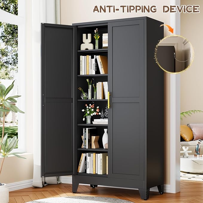 Tall Metal Kitchen Pantry Storage Cabinet with 2 Doors and 5 Adjustable Shelves - 75.2" Kitchen Cabinet with Gold Handles for Kitchen, Bathroom, Dining Room, Living Room - Black