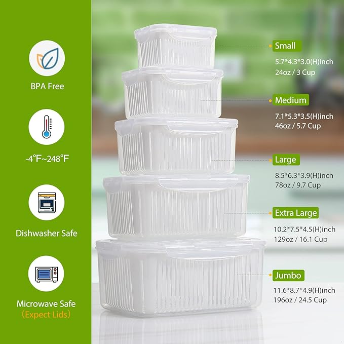 LUXEAR Larger Fruit Vegetable Produce Storage Saver Containers with Lid & Colander 5 Packs BPA-Free Plastic Fresh Keeper Set | Refrigerator Fridge Organizer | for Salad Berry Lettuce Food Celery
