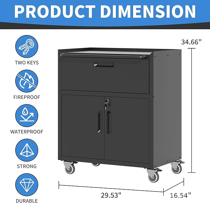 BIZOEIRON Metal Storage Cabinet with Wheels, Lockable Garage Storage Cabinet with 2 Doors and 1 Drawer, Rolling Tool Cabinet, Assembly Required, Black