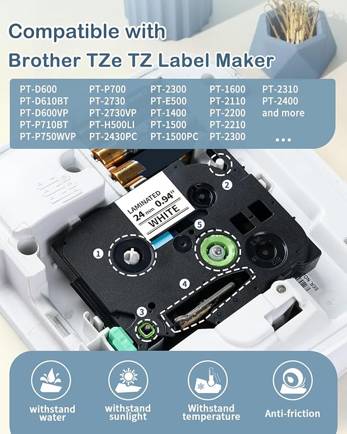24mm 0.94 Laminated White Tape Replace for Brother Label Maker Tape TZe-251 Compatible with P-Touch TZ TZe 1" Black on White TZE251 for PT-D600 PT-D610BT PT-P710BT PTP700 Refills, Markdomain, 6-Pack
