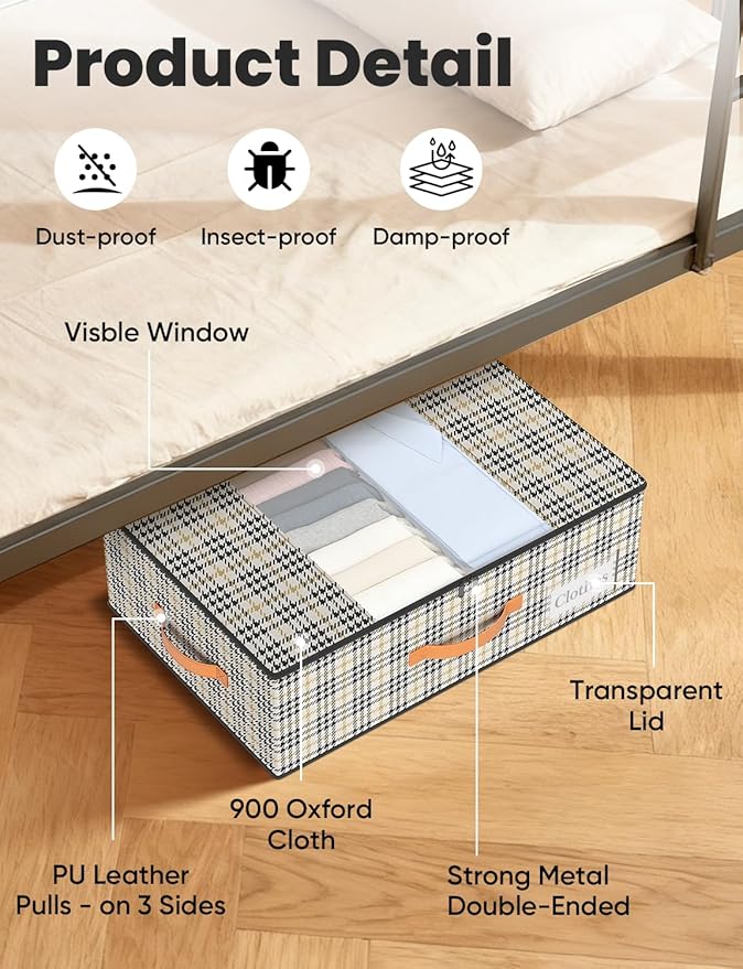TOSKING Under Bed Storage with Wheels (2 Pack) with 4 Vacuum Bags, 7.9" Height Rolling Underbed Storage Containers, 900D Oxford Heavy Duty Drawer, 80lbs Load Organizer for Clothes, Shoes, Houndstooth