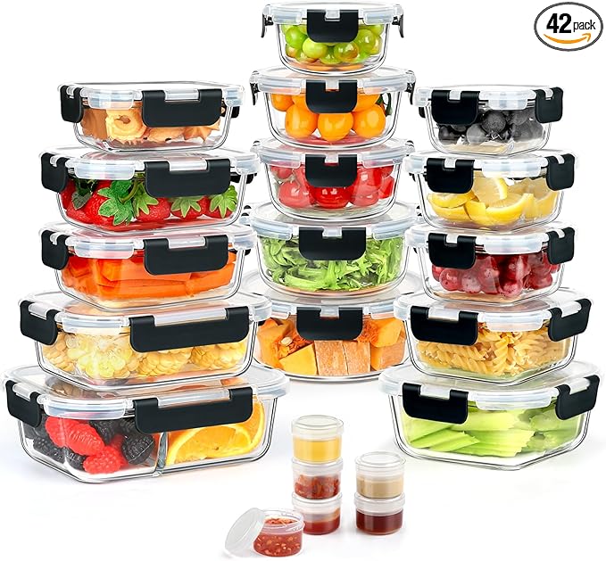 42pcs Glass Food Storage Containers with Snap Locking Lids Set, Glass Meal Prep Containers (21 Container & 21 Lids),Leak Proof Lunch Containers BPA-Free,Black