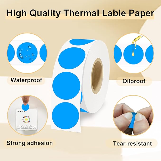 1 Inch Round Thermal Sticker Labels,Color Dot Stickers,Label Stickers,Waterproof,Oil Proof,for Thermal Printers,DIY,Office,Retail,Home and Warehouse Organization,1000 Pcs Fluorescent Blue