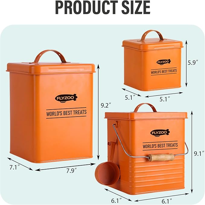 Dog and Cat Food Metal Storage Container Set, Farmhouse Pet Food Storage Containers with Lid and Dry Food Scoop (Orange)
