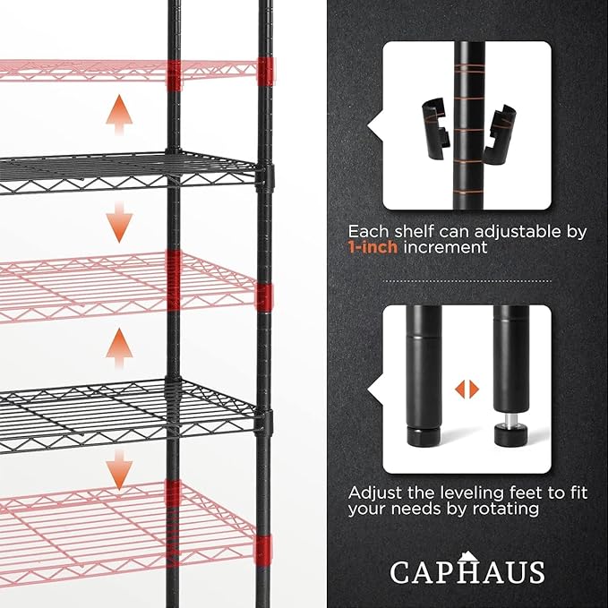 CAPHAUS NSF Black Adjustable Shelf Wire Shelving Unit w/Liner, Basement Storage Shelving, Metal Steel Storage Shelves, Garage Shelving Storage Organizer, Utility Shelf, 4-Tier W/Wheels