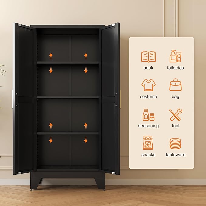 LCAOPC 61" Tall Metal Storage Cabinet with 2 Doors and 3 Adjustable Shelves, 4-Tier Kitchen Pantry Storage Cabinet for Kitchen, Living Room, Dining Room and Office, Black
