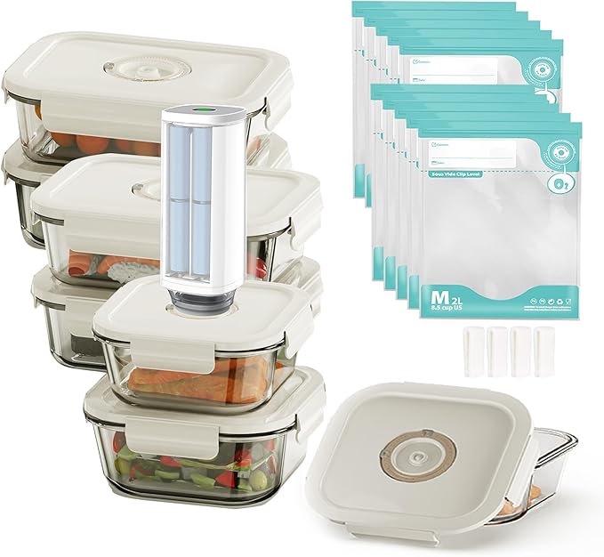 Vacuum Sealer for Food(Mini Handheld Vacuum Sealer Machine + 6 Borosilicate Glass Food Storage Containers +10 Food Saver Sealer Bags) | Keep Food Fresh Longer,Ideal for Meal Prep, Marinating