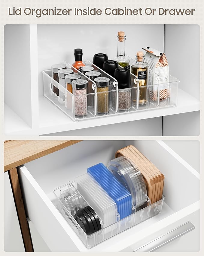 LYNG Lid Organizers Inside Cabinet, Clear Plastic Storage Lid Organizer With 4 Adjustable Dividers, Food Container Lid Organizer For Kitchen Pantry Grey