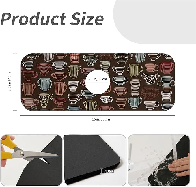 Kitchen Sink Splash Guard，coffee cup Faucet Mat Sink Gadgets-Super Absorbent Fast Drying Mat Drip Catcher for Kitchen, Bathroom,Sink Mat, Dish Drying Mat, Bathroom(15" X 5.5" )