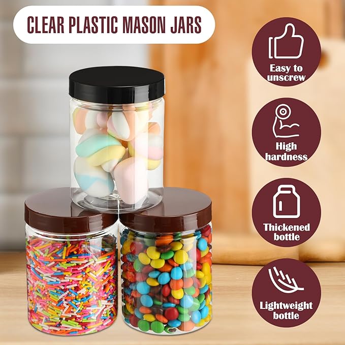 Mifoci 50 Pcs 8.45 oz Clear Plastic Jars Containers Wide Mouth Food Storage Jar for Kitchen Dry Food Butter Honey Cosmetics Cream, Black and Brown(2.56''l X 3.35''h)