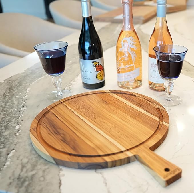 EcoDecors 18" Round Teak Cutting Board with Handle, FSC Certified Solid Wood, Edge Grain with Juice Groove, Carving Board for Kitchen & Brisket