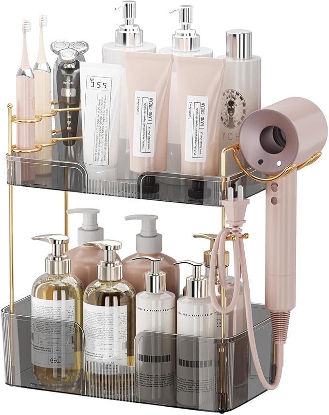 Akinbas 2 Tier Bathroom Organizer Countertop Makeup Perfume Tray Skincare Organizer Comes with Hair Dryer Rack and Toothbrush Holder for Bathroom Dresser Vanity (Grey)