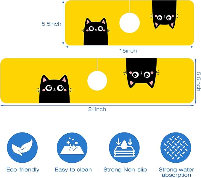 Cute Black Cat Head Kitchen Sink Splash Guard Mat Absorbent Fast Drying Mat Faucet Draining Mat Sink Splash Guard Behind Faucet Drip Catcher for Kitchen Bathroom 5.5"×15"