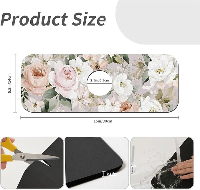 Kitchen Sink Splash Guard，blush pink white rose Faucet Mat Sink Gadgets-Super Absorbent Fast Drying Mat Drip Catcher for Kitchen, Bathroom,Sink Mat, Dish Drying Mat, Bathroom(15" X 5.5" )