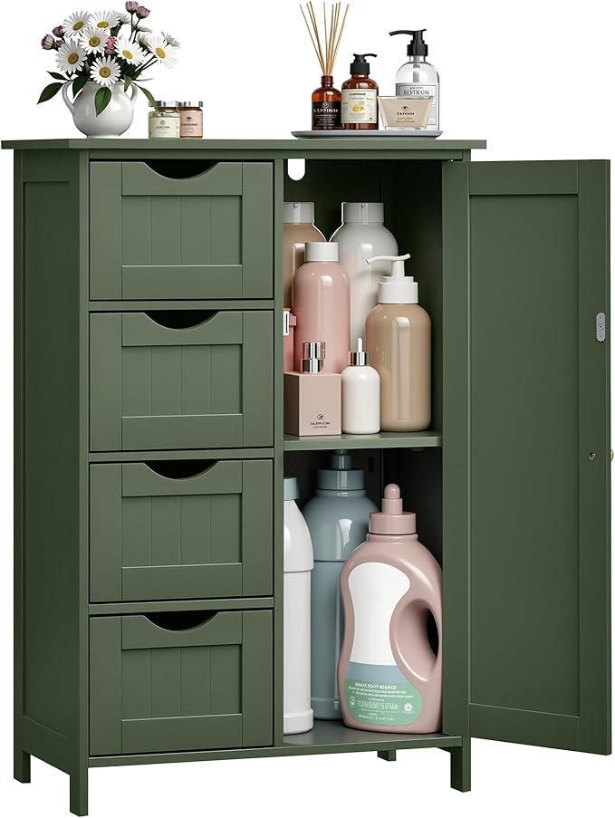 VASAGLE Storage Cabinet with Drawers, Freestanding Floor Cabinet with Door, 11.8 x 21.7 x 32.3 Inches, Adjustable Shelf, for Bathroom, Living Room, Kitchen, Sage Green ULHC041CH01S