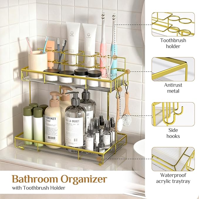 Megier 2 Tier Golden Bathroom Organizer Countertop, Small Countertop Organizer for Bathroom Decor, Kitchen Counter Shelf for Spice Rack and Snack, Vanity Makeup Organizers and Storage Tray for Bedroom