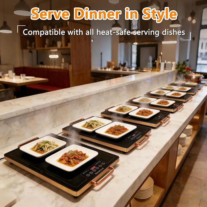 Electric Warming Tray 20" x 12", Glass-Top Full-Surface Food Warmer with Adjustable Temperature & Timer, Warming Trays for Buffets Party, Sabbath, Holiday Parties, Daily Dining