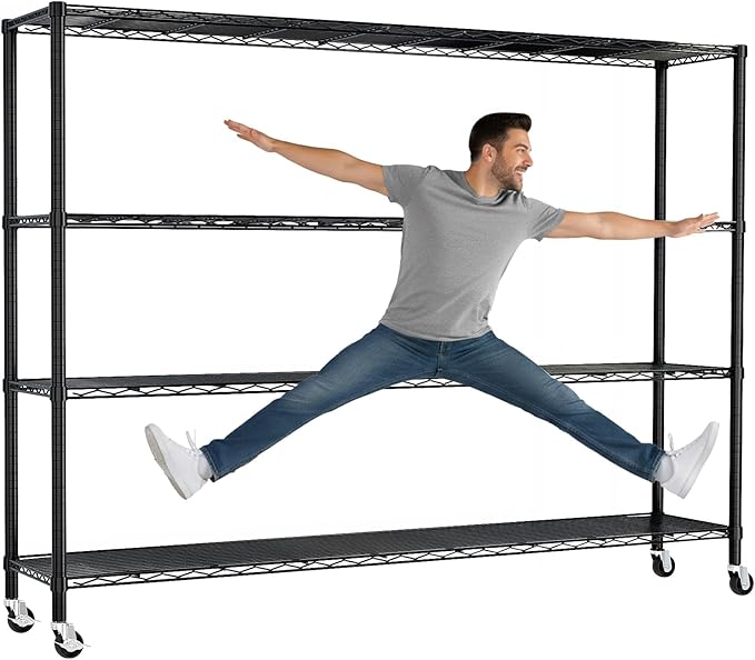 VINGLI 4 Tier Metal Storage Shelves 59''H Wire Shelving with Wheels for Storage Adjustable Heavy Duty Garage Shelving Storage Racks for Pantry Shelves Kitchen Office Garage, 66''H X59''W X17''D
