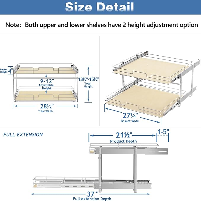 ROOMTEC 2 Tier Individual Pull Out Cabinet Organizer 28½"W x 21½"D, Slide Out Wood Shelves Organizers, Pull Out Drawers Organization and Storage for Kitchen Cabinet