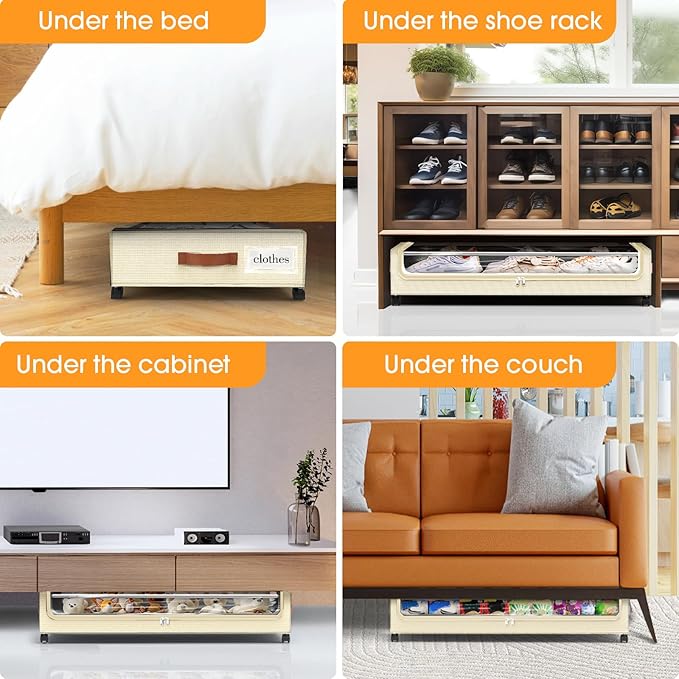Under Bed Storage with Wheels 1Pack Underbed Storage with Clear Window&Label Under Bed Drawers Large Capacity Rolling Under Bed Storage for Clothes,Shoes, Blankets (Beige)