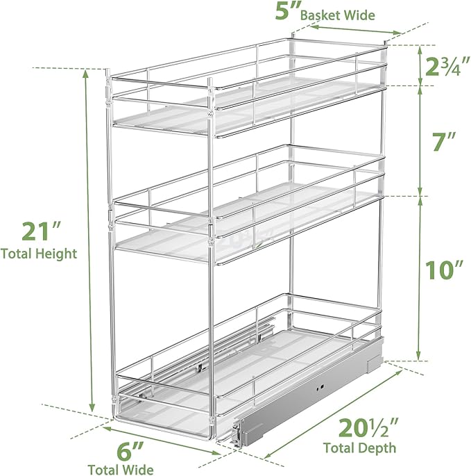 MODCART Pull Out Spice Rack Cabinet Organizer (6" W X 20½" D),3 Tier Slide Out Drawer for Narrow Cabinet, Pull Out Shelves Under Cabinet Storage for Kitchen