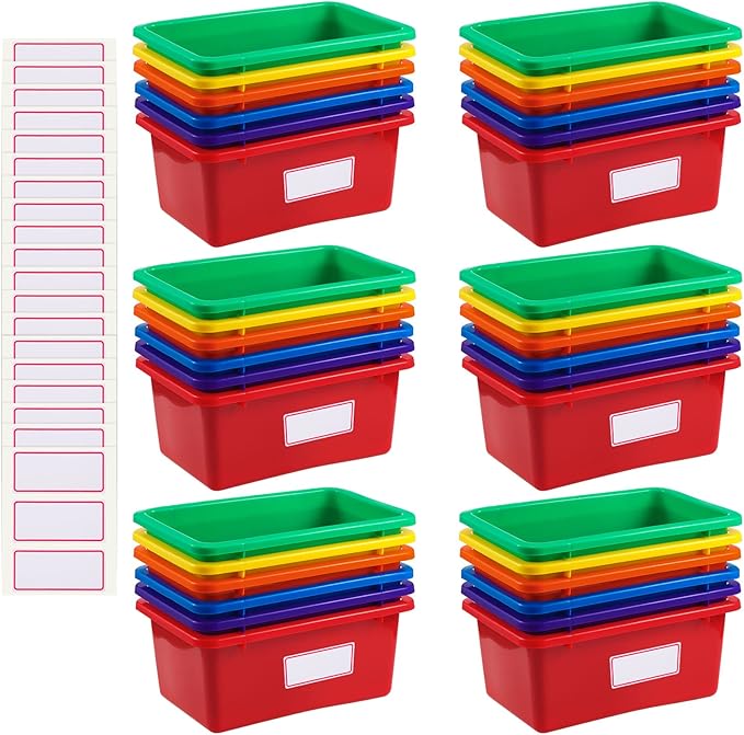 Outus 36 Pcs Plastic Cubby Bins Bulk for Classroom Organization Small Stackable Book Bins Toy Storage Tubs Box Container Organizer with 120 Self Adhesive Label for Library School Office Home, 6 Colors