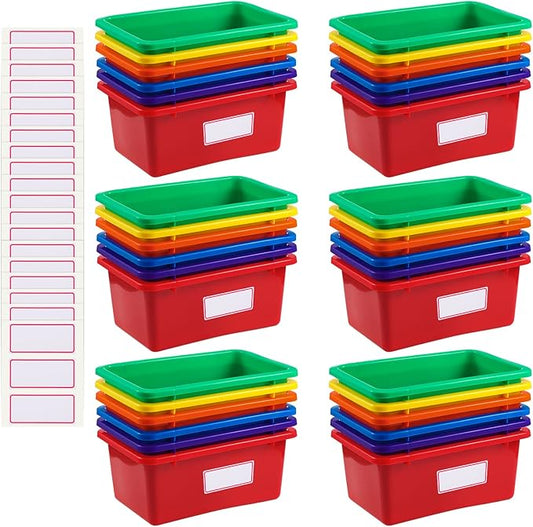 Outus 36 Pcs Plastic Cubby Bins Bulk for Classroom Organization Small Stackable Book Bins Toy Storage Tubs Box Container Organizer with 120 Self Adhesive Label for Library School Office Home, 6 Colors